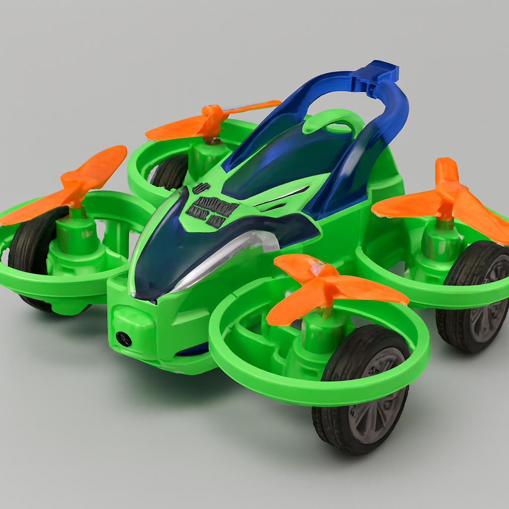 4-Propeller Green Drone Car Toy with Wheels – Flying & Driving Stunt Vehicle