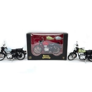 Royal Enfield Classic 1:12 scale die-cast model kit with red, sky blue, and desert storm interchangeable fuel tanks on a white background. KidzoSmile