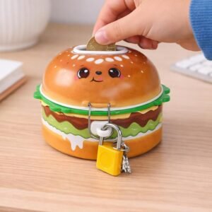 Cute Kawaii Hamburger Piggy Bank – Tinplate Money Box with Lock and Key, KidzoSmile