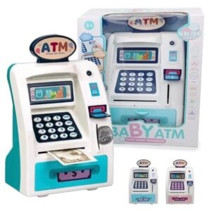 Electronic toy ATM savings bank for kids with banknote input and coin slot, pink and white design with keypad and drawer. KidzoSmile