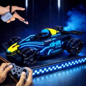 RC drift car showing multi-directional wheels, hand-gesture watch controller, USB charger, 3.7V battery, and spray bottle.