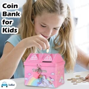 Unicorn Hut Piggy Bank with Lock | Pink Metal Money Box, KidzoSmile