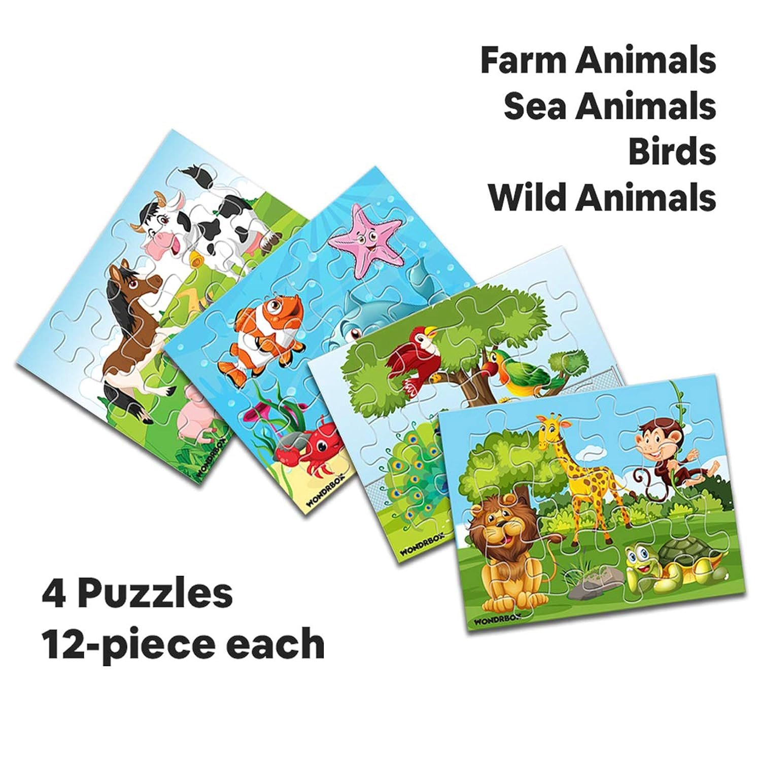 Wondrbox 4-pack of 12-piece puzzles, including Farm Animals, Sea Animals, Birds, and Wild Animals, on a white background. KidzoSmile
