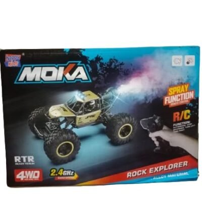 A Moka Rock Explorer 4WD Rechargeable Remote Control Monster Truck package displaying a gold alloy toy truck with glowing headlights and a rear smoke spray function.
