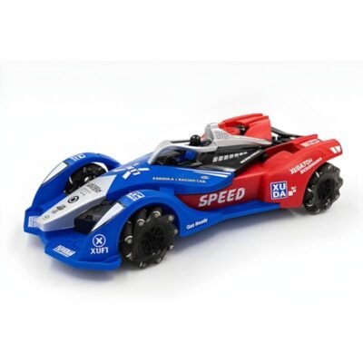 A low-profile blue and red Gesture Control RC Racing Car featuring specialized multi-directional roller wheels for sideways drifting.