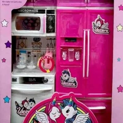 Pink toy kitchen set packaged in a tall window box featuring a toy refrigerator, oven, and cooking accessories.