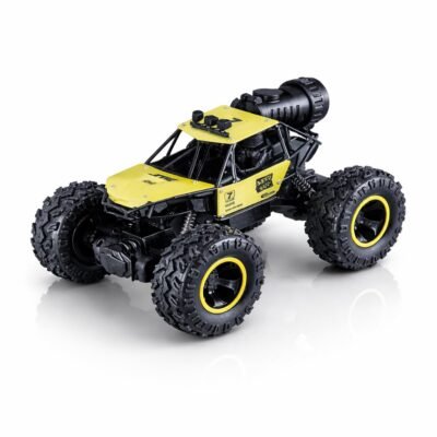 A high-clearance Electric Monster Truck toy with a yellow and black roll cage chassis, oversized off-road knobby tires with yellow rim accents, and a rear jet-thruster attachment.