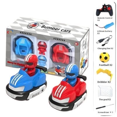 A Remote Control Football Car Toy set featuring a blue car with a red driver and a red car with a blue driver, shown with their retail box and game accessories.