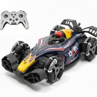 A dark blue Remote Control Stunt Car with yellow accents and specialized roller drift tires next to a white wireless controller.