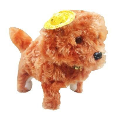Electronic toy dog with curly brown fur wearing a mini yellow hat accessory KidzoSmile