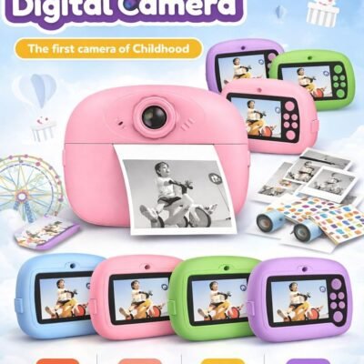 Packaging box for the pink KidzoSmile Kids Camera showcasing instant photo print previews and frame options.