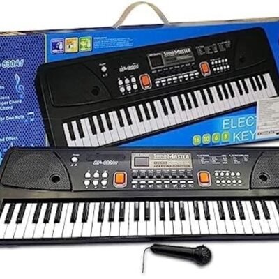 Black 37-key electronic keyboard toy for kids with a small wired microphone, resting in front of its blue packaging box.
