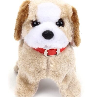 Fluffy brown and white KidzoSmile Walking Puppy plush toy wearing a red collar on a clean background.