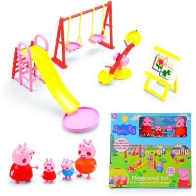 Colorful window display box of the KidzoSmile Playground Toy set showcasing character figures, a green yard base, and a yellow slide.