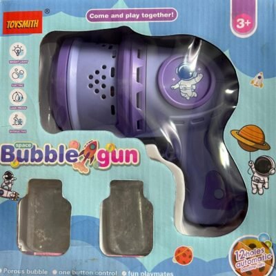 A purple and blue space-themed automatic bubble gun toy packaged in its retail box with an astronaut design, featuring 12 holes for automatic bubble blowing and two solution bottles.