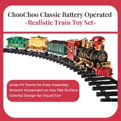 Rectangular green retail package for the KidzoSmile Toy Train set showcasing track paths and locomotive cars.