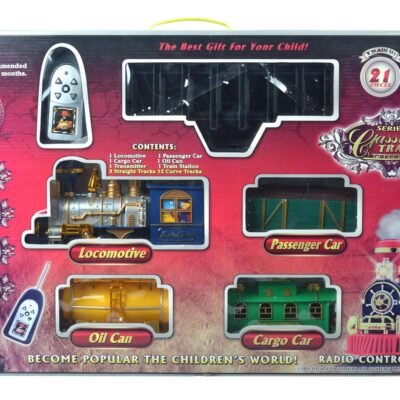 Detailed display packaging for the KidzoSmile Retro Train set showcasing a classic steam locomotive engine and circular tracks.