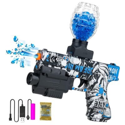 An Automatic Soft Bullet Toy Gun with a blue and white graffiti pattern, featuring a top-mounted clear water bead container filled with blue ammunition, a rechargeable battery, and a USB charging cable.