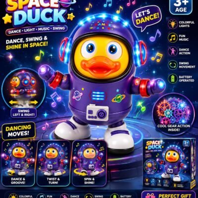 Dancing Space Duck toy with a yellow face and blue astronaut suit, shown next to its dark blue "Duck Space" retail box.