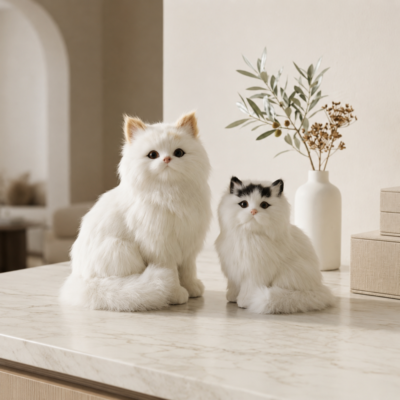 A pack of two Premium Realistic Kitten Figurines with fluffy white faux fur sitting on a marble countertop next to a white ceramic vase with green foliage.