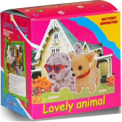 A pink box featuring the KidzoSmile Naughty Puppy Toy with illustrations of a fluffy white dog wearing red glasses and a tan chihuahua.