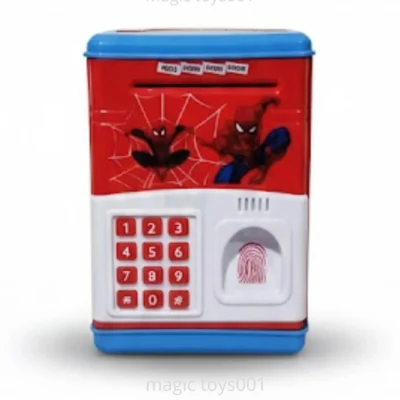 A red and white electronic password safe money bank for kids featuring a superhero design, a digital keypad with red buttons, a toy fingerprint scanner graphic, and a cash slot at the top.