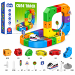 A 51-piece DIY Cube Track set featuring an electric bullet train on a colorful 3D loop made of interlocking building blocks, with an inventory breakdown of tracks, signs, and a USB charger.