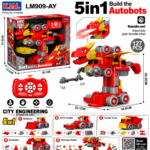 Transforming Dinosaur Construction Truck toy set package showing a red 5-in-1 assemble robot, a remote control, and alternative builds like a bulldozer and excavator.