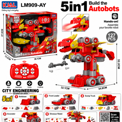 Transforming Dinosaur Construction Truck toy set package showing a red 5-in-1 assemble robot, a remote control, and alternative builds like a bulldozer and excavator.