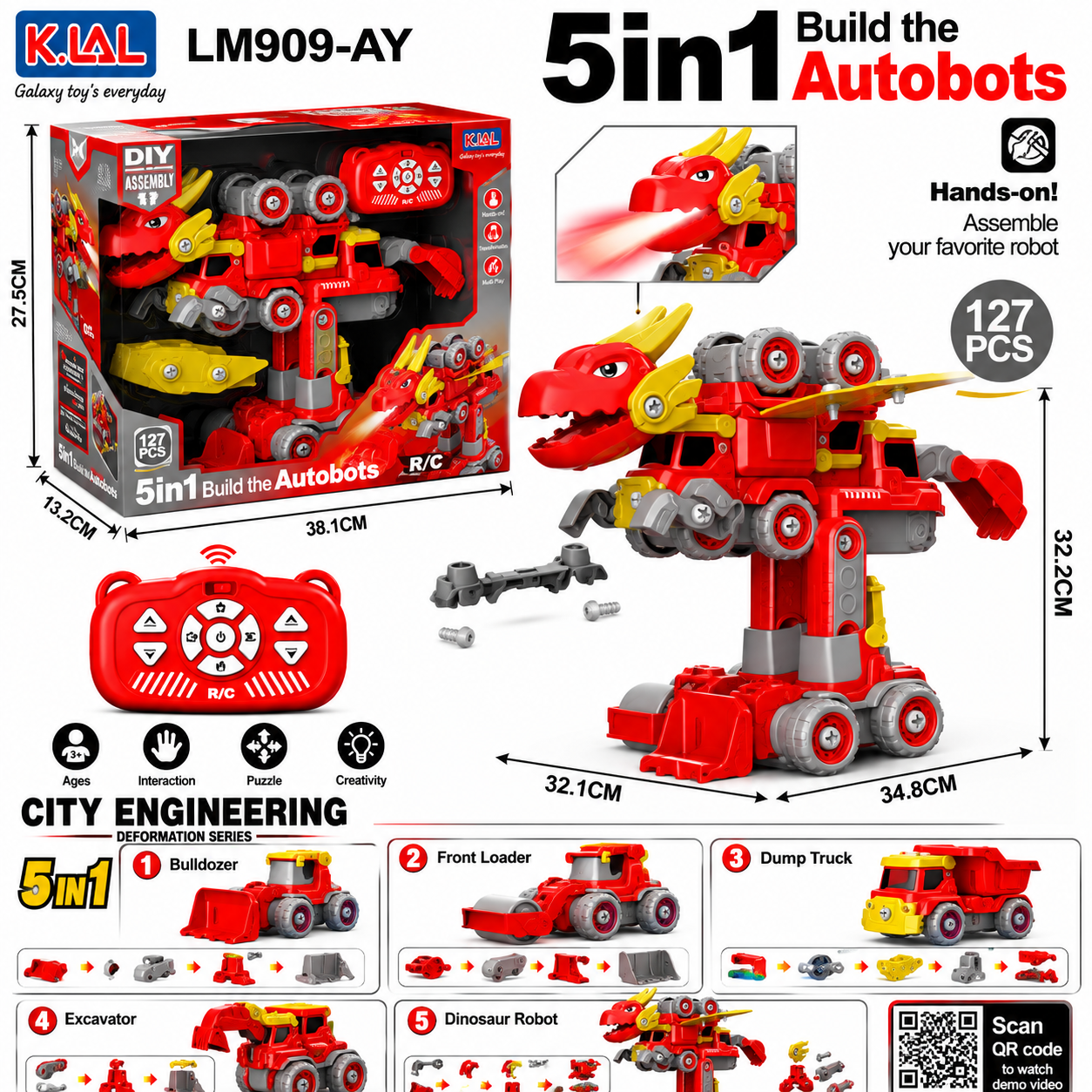 Transforming Dinosaur Construction Truck toy set package showing a red 5-in-1 assemble robot, a remote control, and alternative builds like a bulldozer and excavator.