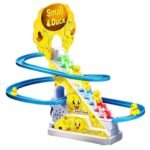 Retail box for the KidzoSmile Duck Track toy demonstrating the winding blue slide and automatic climbing steps.