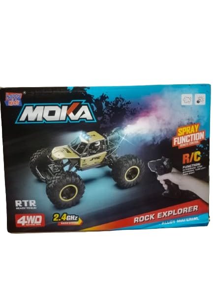 A Moka Rock Explorer 4WD Rechargeable Remote Control Monster Truck package displaying a gold alloy toy truck with glowing headlights and a rear smoke spray function.