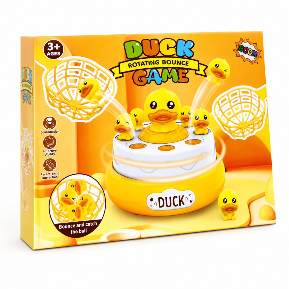 Retail packaging box for the Duck Rotating Bounce Game, a Rotating Duck Catch Toy Set featuring popping little yellow ducks and hand-held catching baskets.