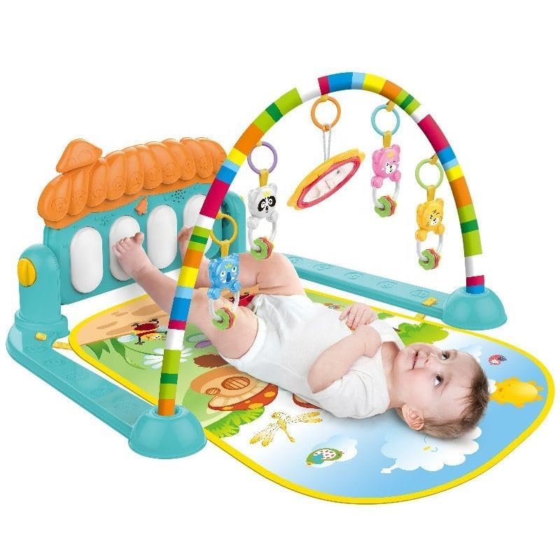 Baby gym play mat featuring a colorful arch with hanging toys and a blue kick piano at the base, with a baby lying down.