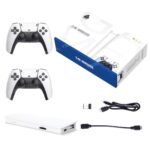 Premium white KidzoSmile Gaming Console package showing the main system unit, dual wireless controllers, and connectivity cables.