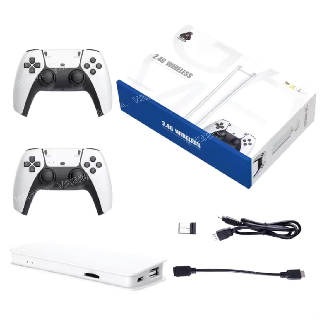 Premium white KidzoSmile Gaming Console package showing the main system unit, dual wireless controllers, and connectivity cables.