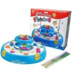 A blue Musical Fishing Game Toy Set with a double-layer rotating pond, filled with tiny colorful fish, shown next to its red retail box and packaged fishing rods.