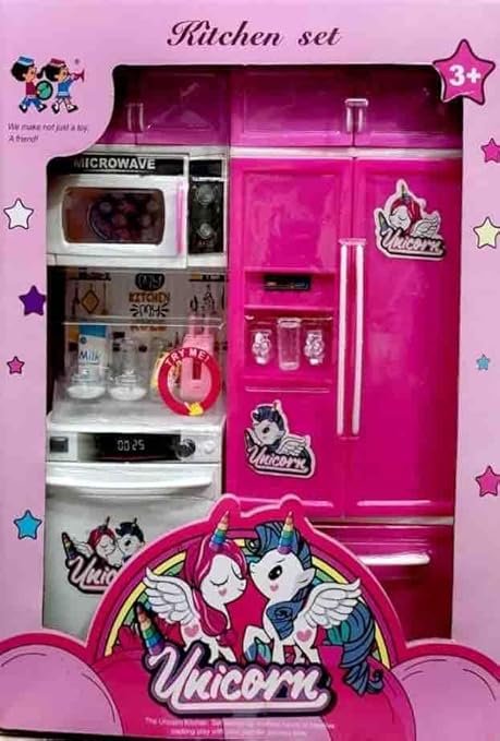 Pink toy kitchen set packaged in a tall window box featuring a toy refrigerator, oven, and cooking accessories.