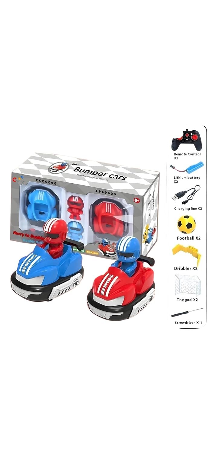 A Remote Control Football Car Toy set featuring a blue car with a red driver and a red car with a blue driver, shown with their retail box and game accessories.