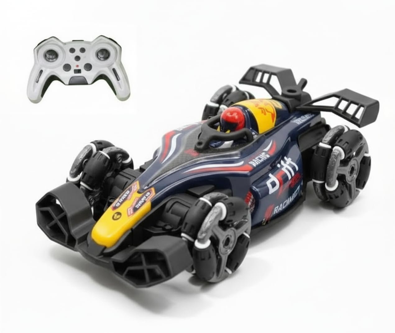 A dark blue Remote Control Stunt Car with yellow accents and specialized roller drift tires next to a white wireless controller.