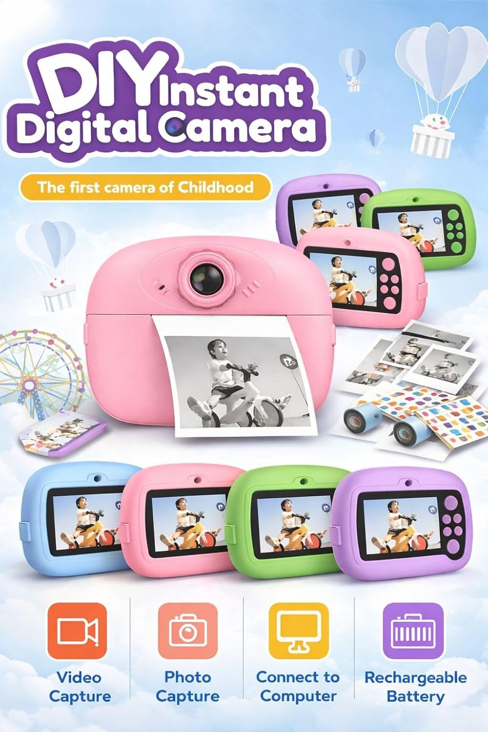 Packaging box for the pink KidzoSmile Kids Camera showcasing instant photo print previews and frame options.