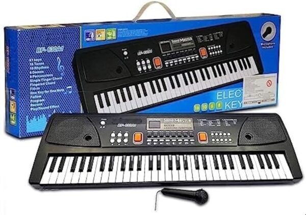 Black 37-key electronic keyboard toy for kids with a small wired microphone, resting in front of its blue packaging box.