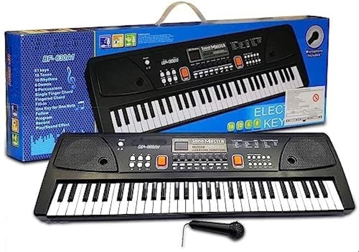 Black 37-key electronic keyboard toy for kids with a small wired microphone, resting in front of its blue packaging box.