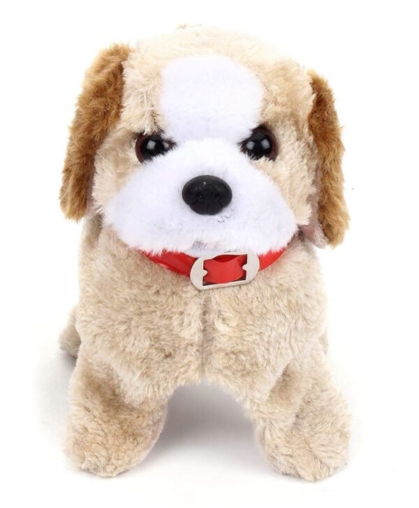 Fluffy brown and white KidzoSmile Walking Puppy plush toy wearing a red collar on a clean background.