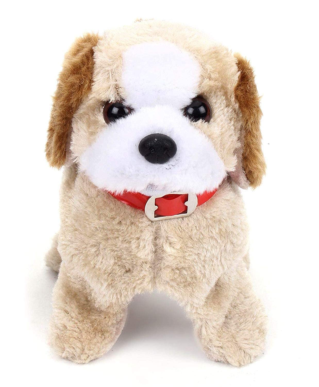 Fluffy brown and white KidzoSmile Walking Puppy plush toy wearing a red collar on a clean background.