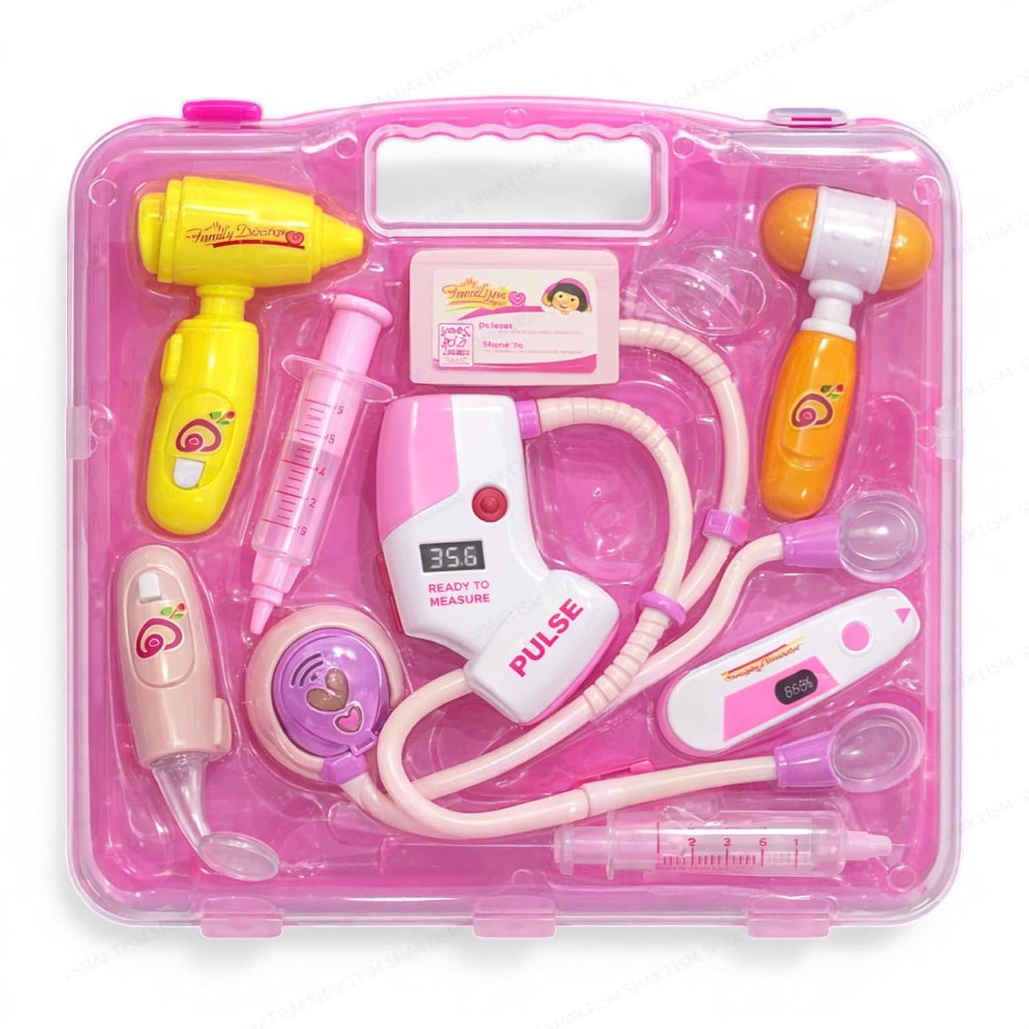 Pink plastic doctor's carrying case open to display toy medical tools like a stethoscope, syringe, and otoscope.