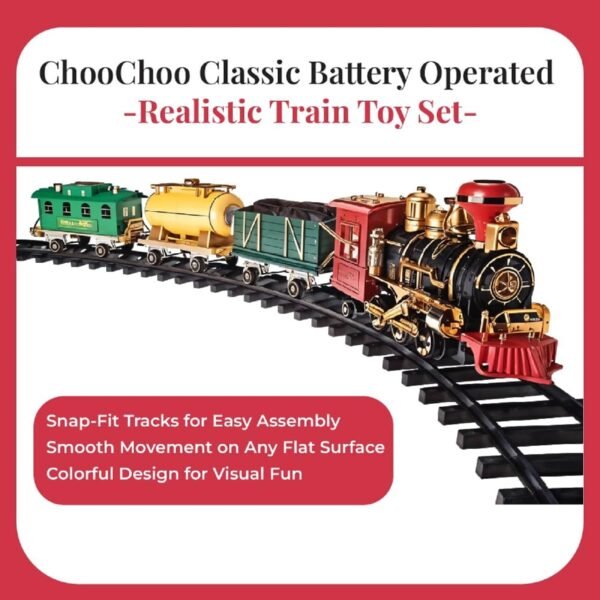 Rectangular green retail package for the KidzoSmile Toy Train set showcasing track paths and locomotive cars.