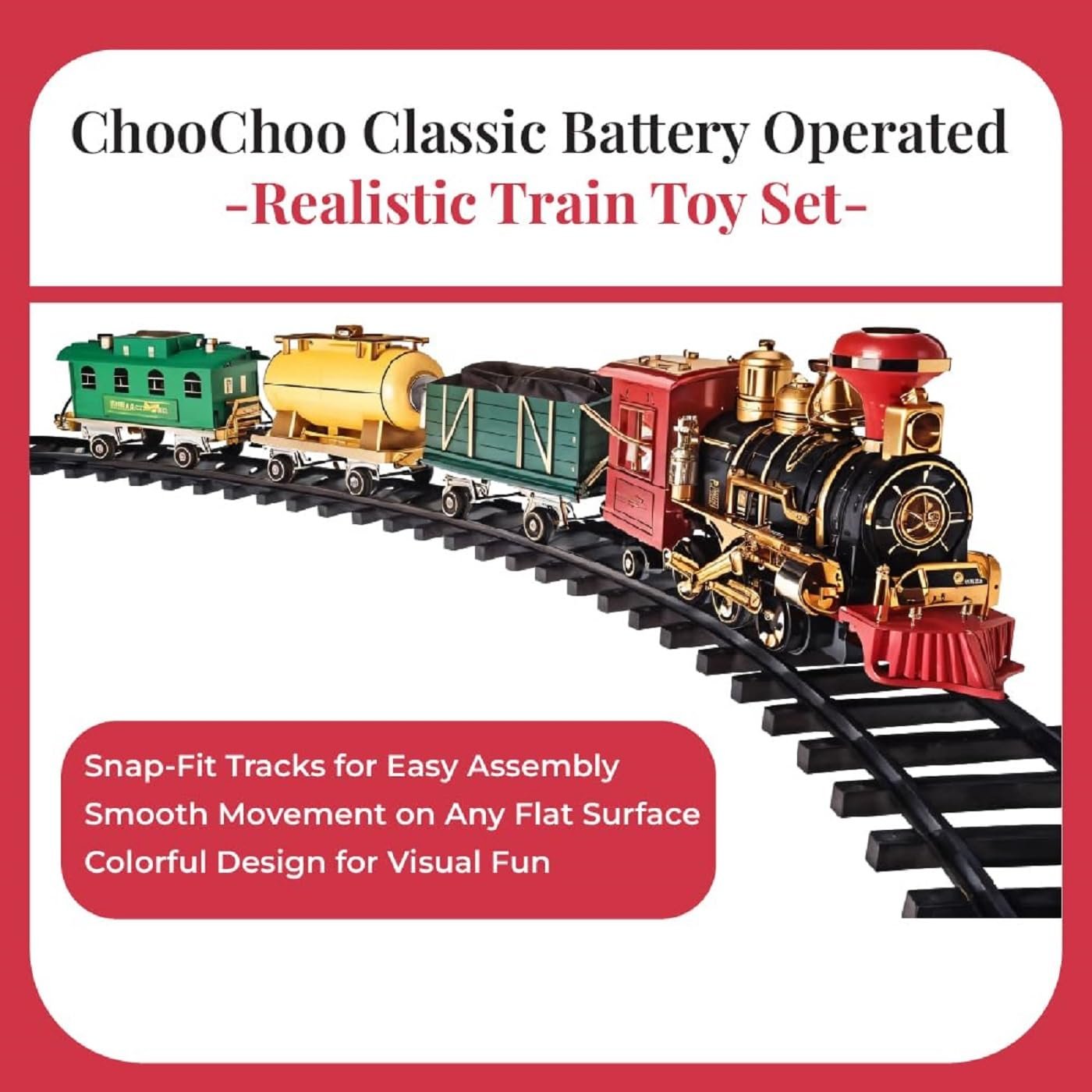 Rectangular green retail package for the KidzoSmile Toy Train set showcasing track paths and locomotive cars.