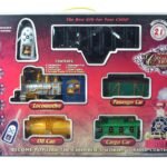 Detailed display packaging for the KidzoSmile Retro Train set showcasing a classic steam locomotive engine and circular tracks.