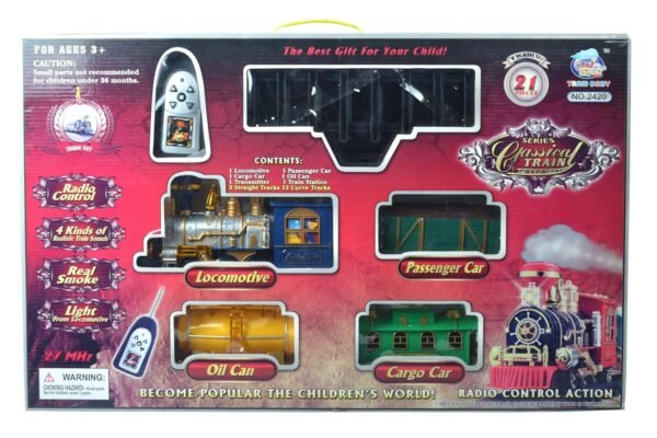 Detailed display packaging for the KidzoSmile Retro Train set showcasing a classic steam locomotive engine and circular tracks.